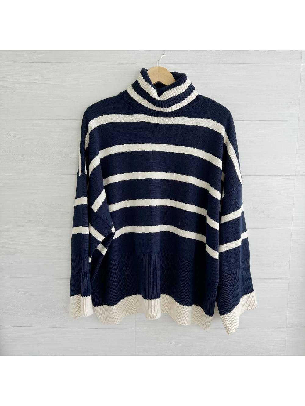 Topshop Navy Cream Striped Oversized Turtleneck Sweater S 4-6 Slouchy